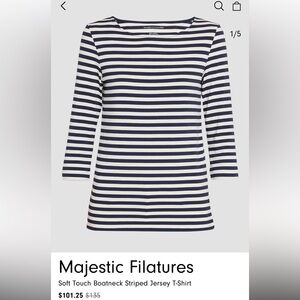 Majestic Filatures Soft Touch Boatneck Striped Jersey T-Shirt in Marine
